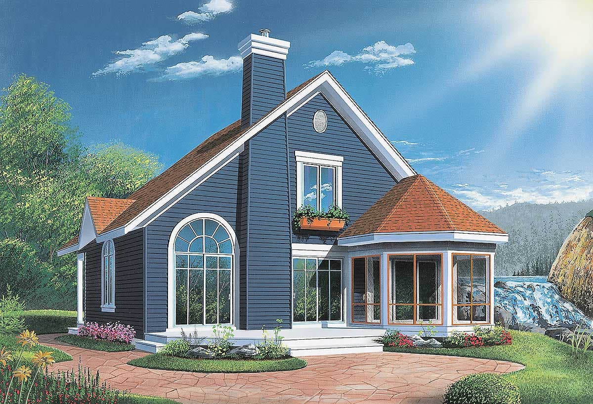 House plan exterior showing a blue-sided, two-story home with a prominent chimney, arched window, and a sunroom.