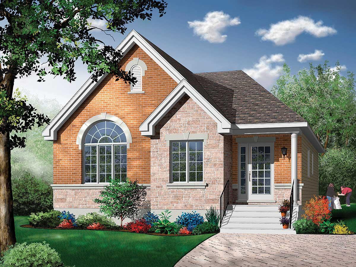 House plan exterior: Brick and stone single-story home with arched window, gabled dormer, covered entry, and front steps.