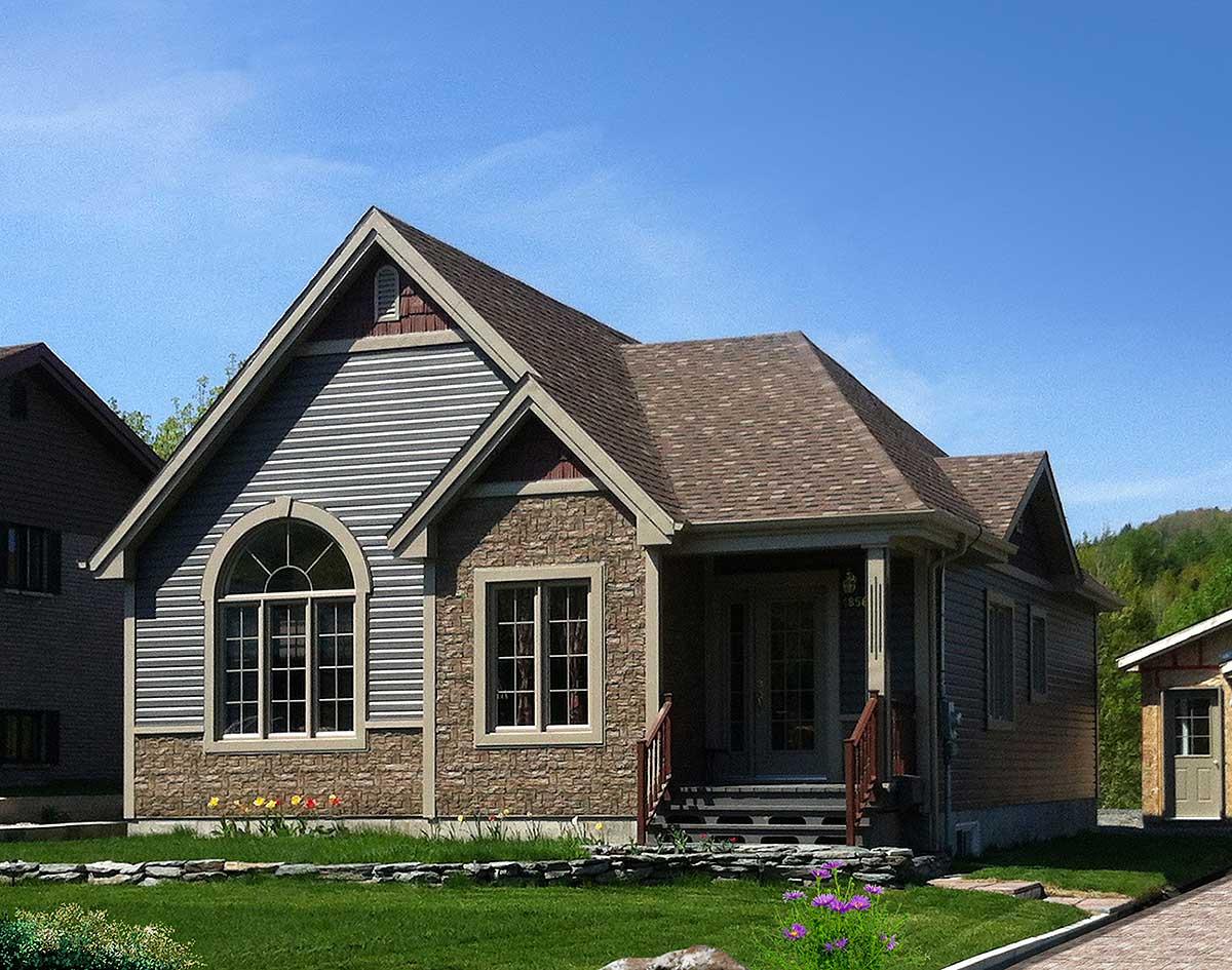 House plan exterior: One-story home with varied siding, stone accents, arched window, and covered entry porch.