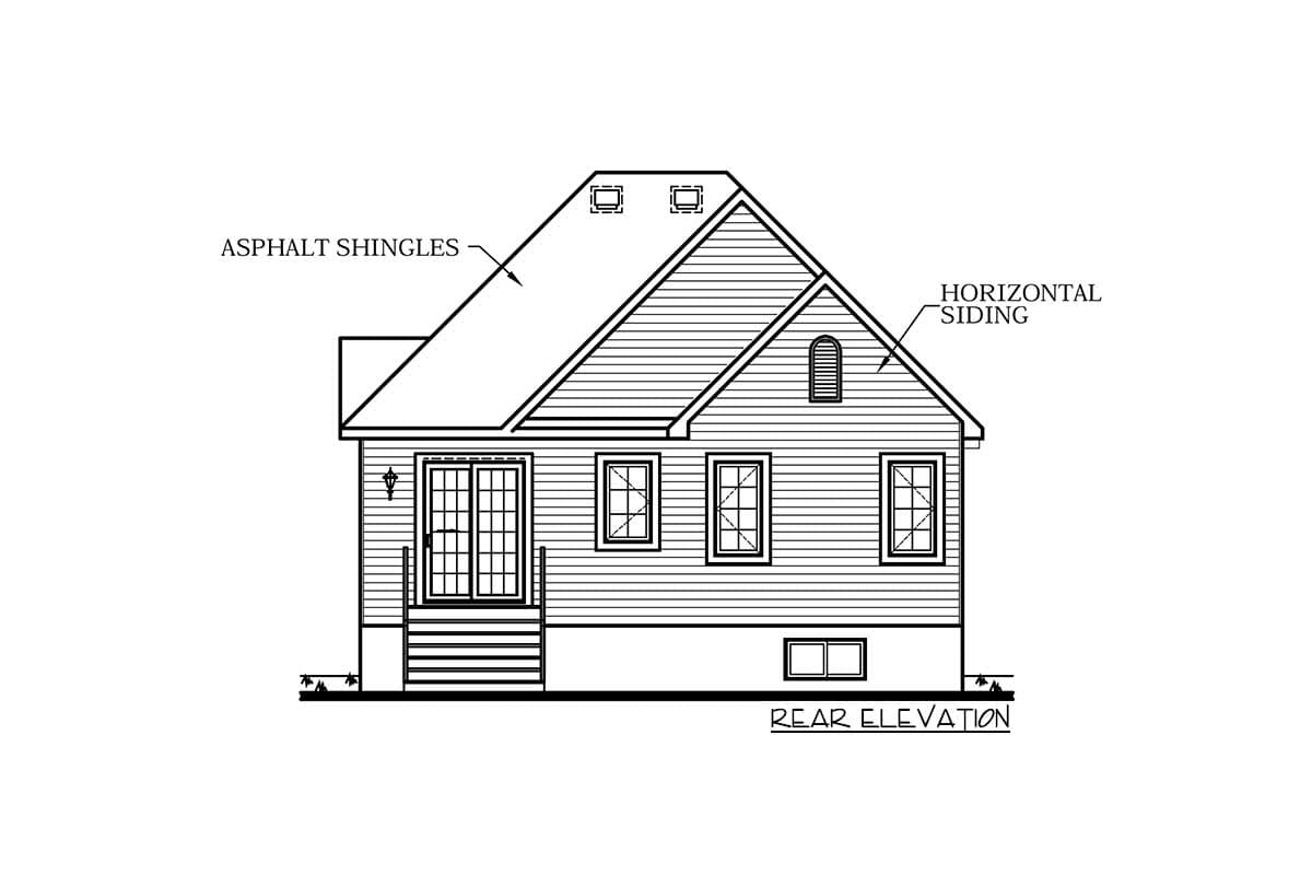 Rear elevation house plan showing asphalt shingles, horizontal siding, double doors, and dormer windows.