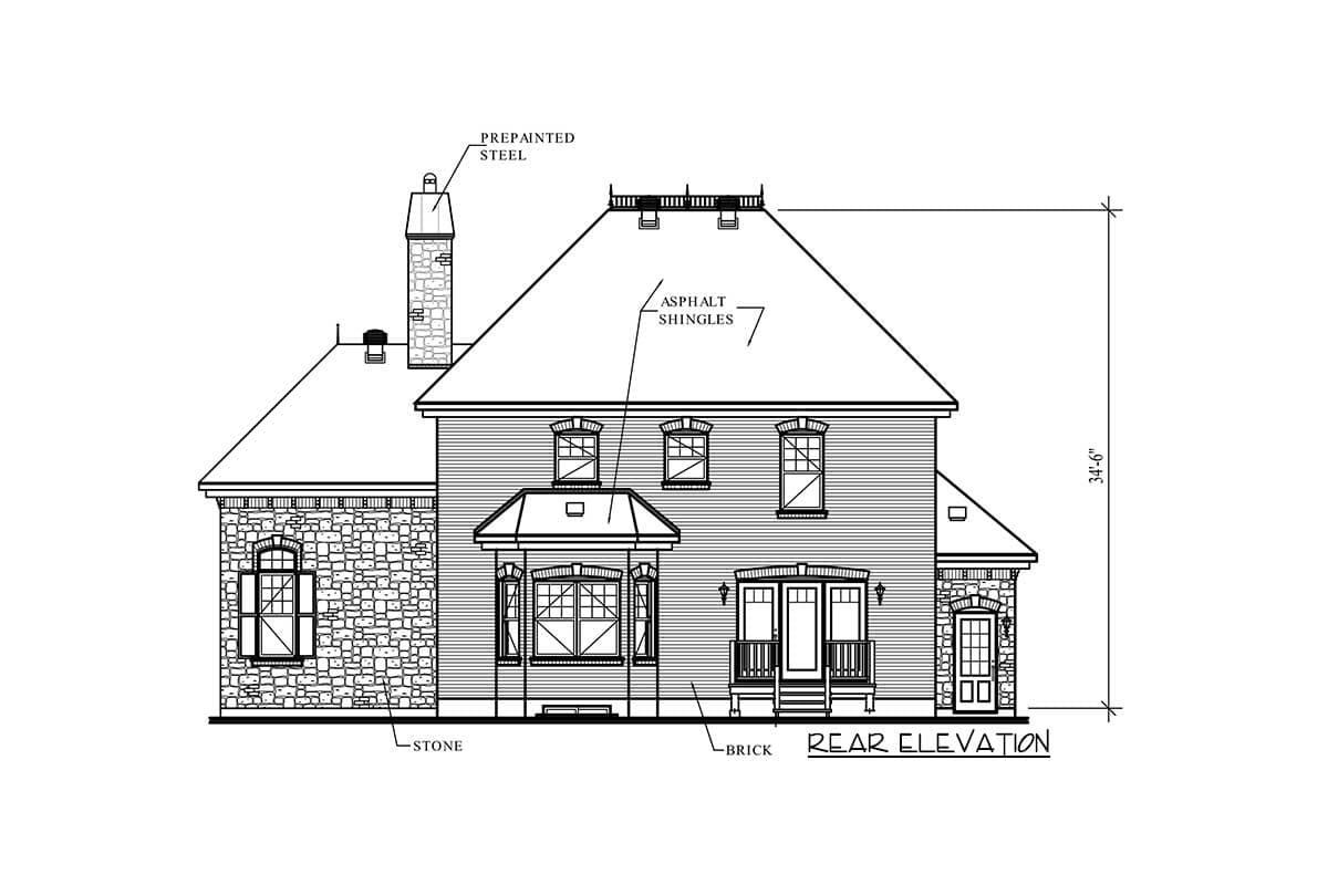 Rear elevation drawing of a two-story house plan with stone and brick accents, a bay window, and double doors.