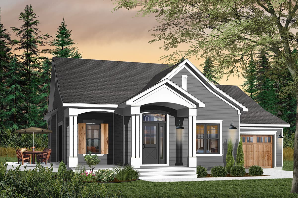 House plan exterior: Single-story Modern Farmhouse with covered front porch, gabled roof, and attached garage.