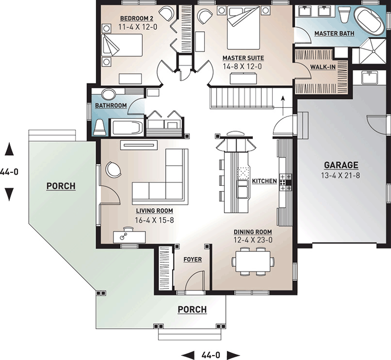 Plan 21240DR: One-story House Plan with Angled Front Porch - Floor Plan - Main Level - Cottage, Traditional