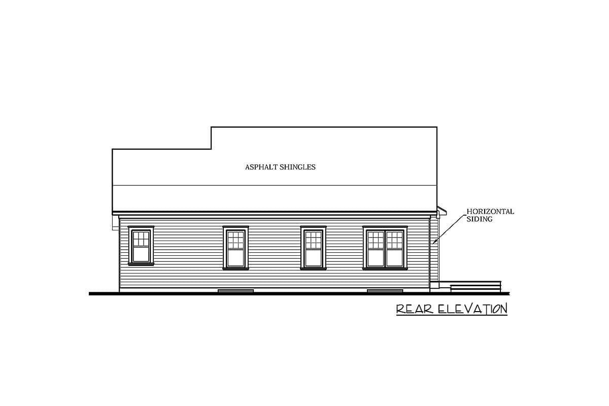 Rear elevation drawing of a house with asphalt shingles, horizontal siding, multiple windows, and a small deck.