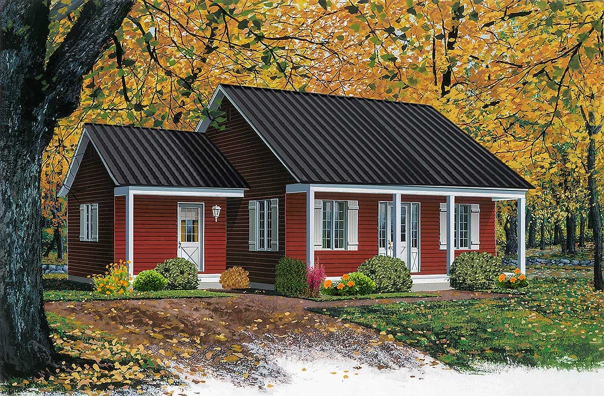 House plan exterior. One-story Cottage style home with porch, gabled roof, and light-colored shutters. Features dark metal roof.