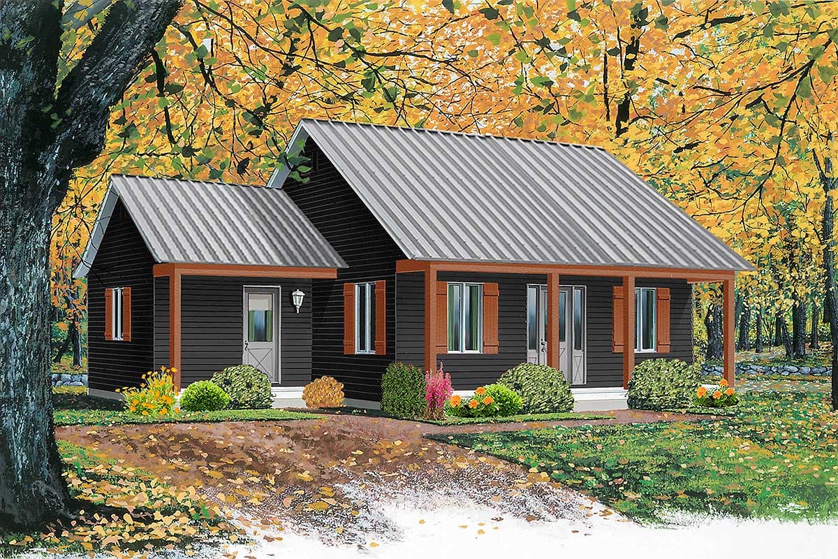 House plan exterior: Single-story dark exterior with metal roof, front porch, and multiple windows with shutters.