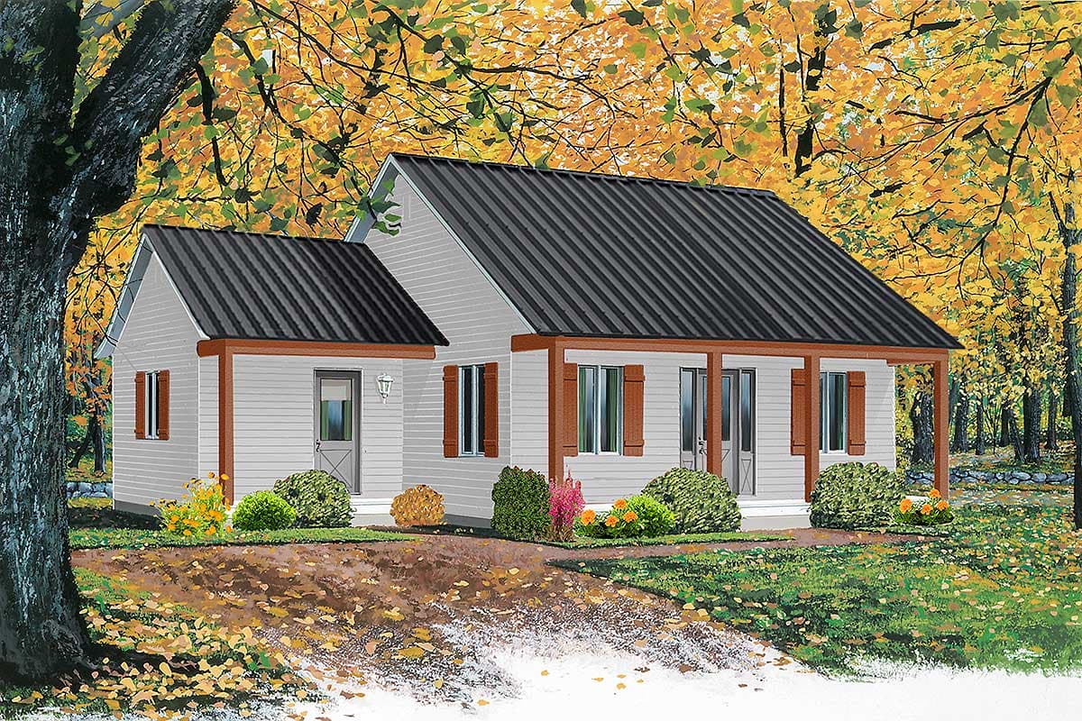 House plan exterior: Single-story dwelling with gabled roof, covered porch, and vinyl siding.
