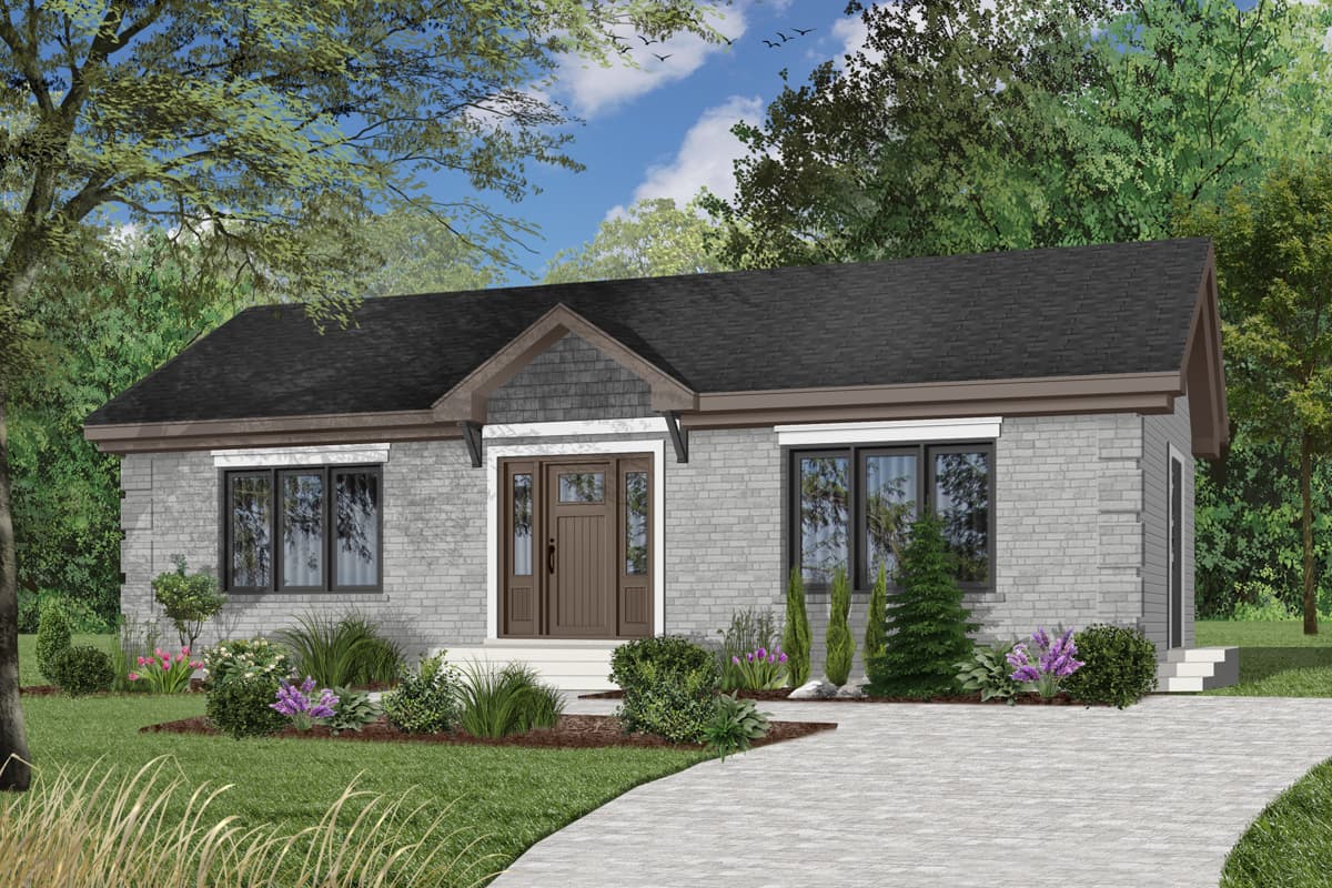 One-story house plan exterior with grey brick facade, gable, covered entry with double doors, and dark-shingled roof.
