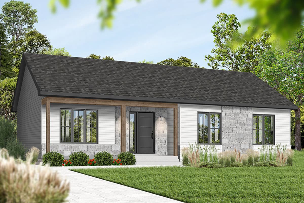 House plan exterior: one-story Modern Farmhouse with stone and siding, covered porch, and gable roof.