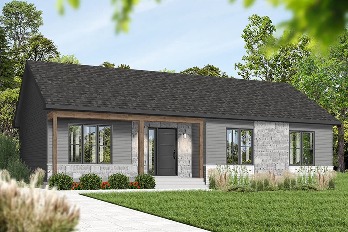 House plan exterior of a one-story home with a gabled roof, stone and siding facade, and covered entry with wooden posts.