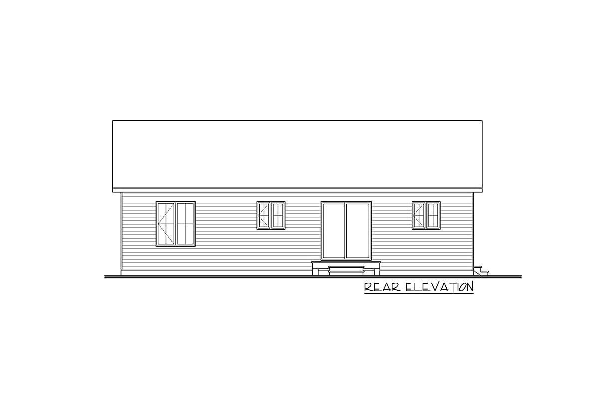 Rear elevation drawing of a house plan showing three windows and sliding glass doors with a small deck.