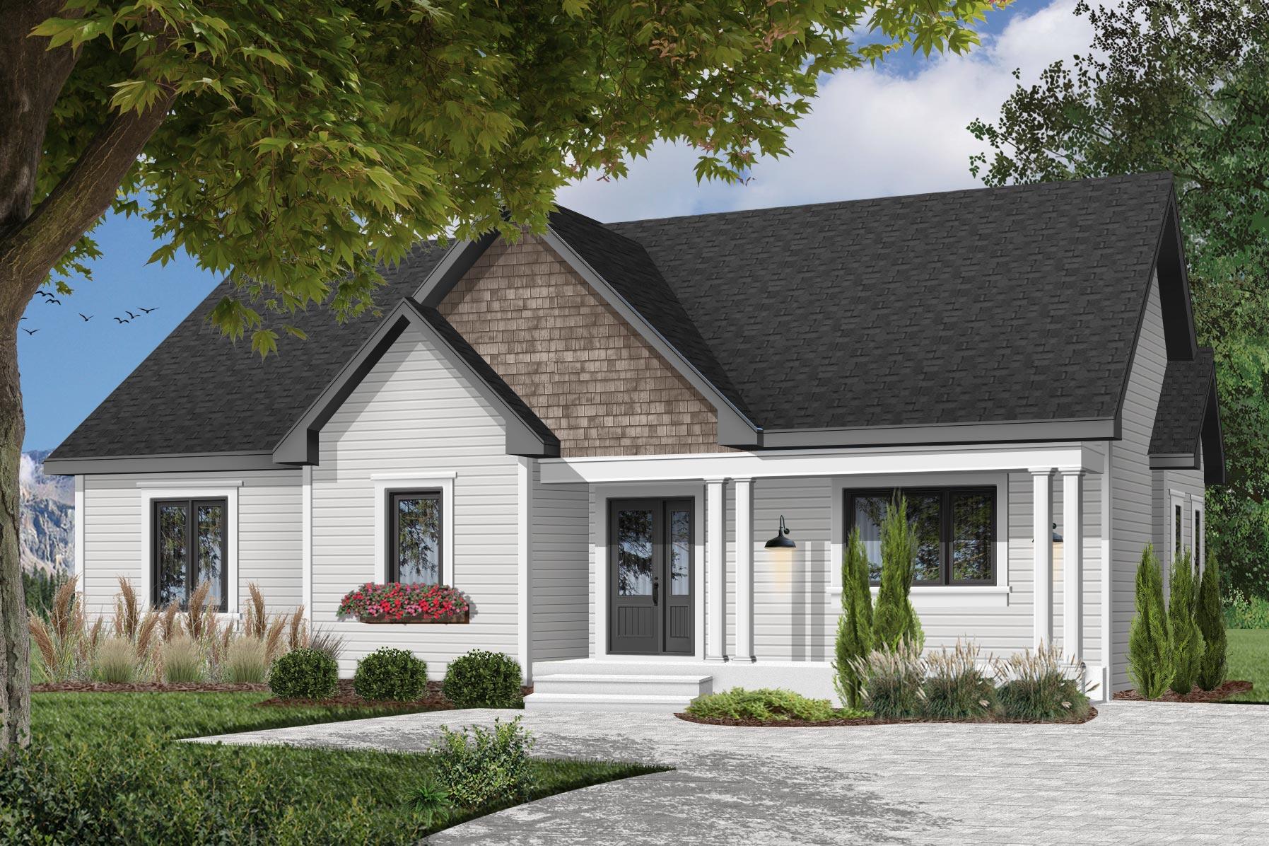 House plan exterior: One-story Modern Farmhouse with covered front porch, gabled dormer with shake siding, and double front doors.