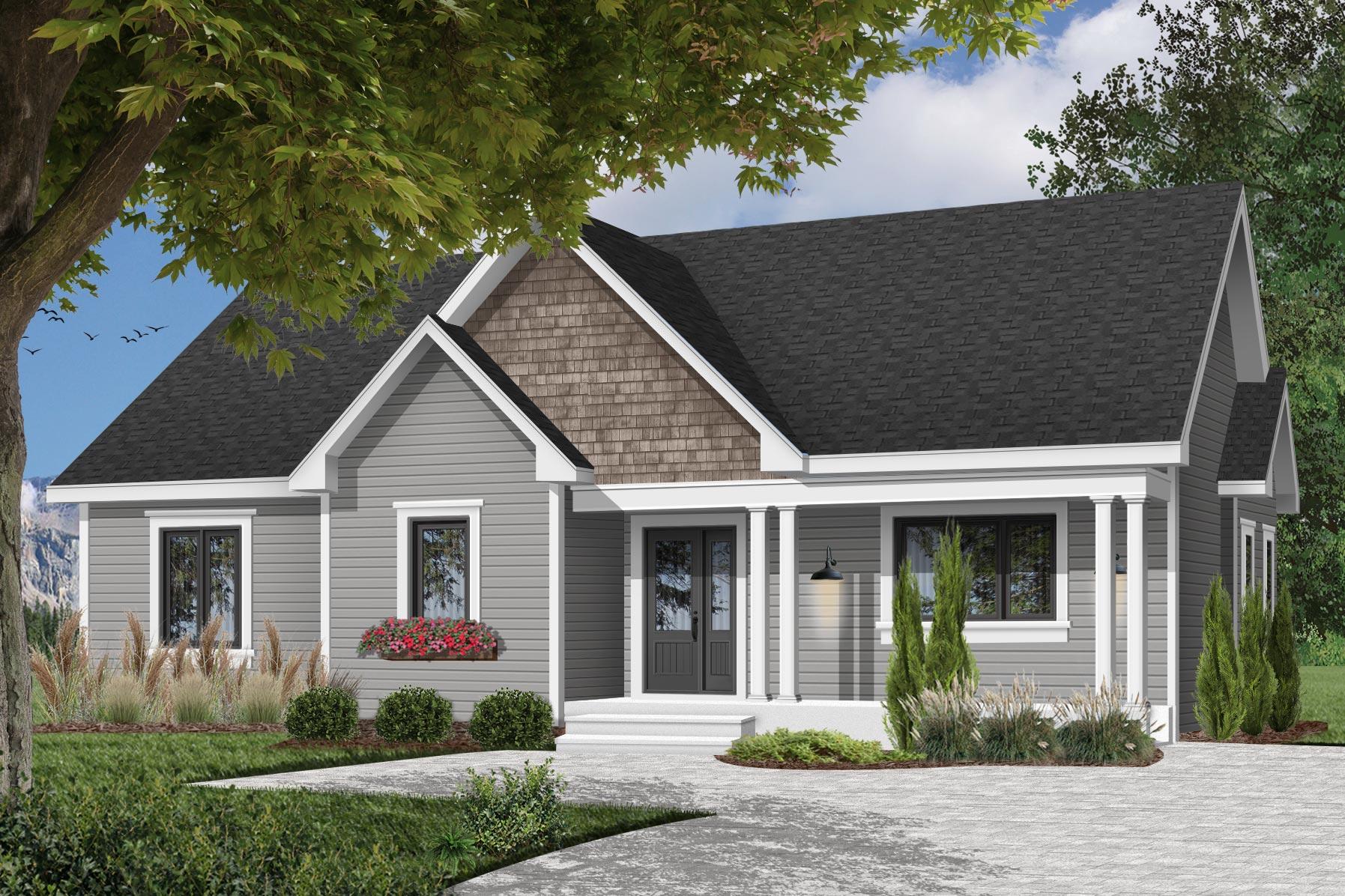 House plan exterior, one story, with a covered front porch, prominent gables, and shake-sided gable accents.