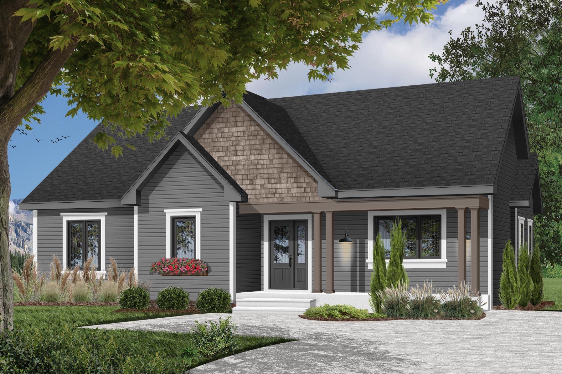 House plan exterior with Craftsman style. Features include a front porch with columns, gabled roof, and wood shake accent on a front gable.