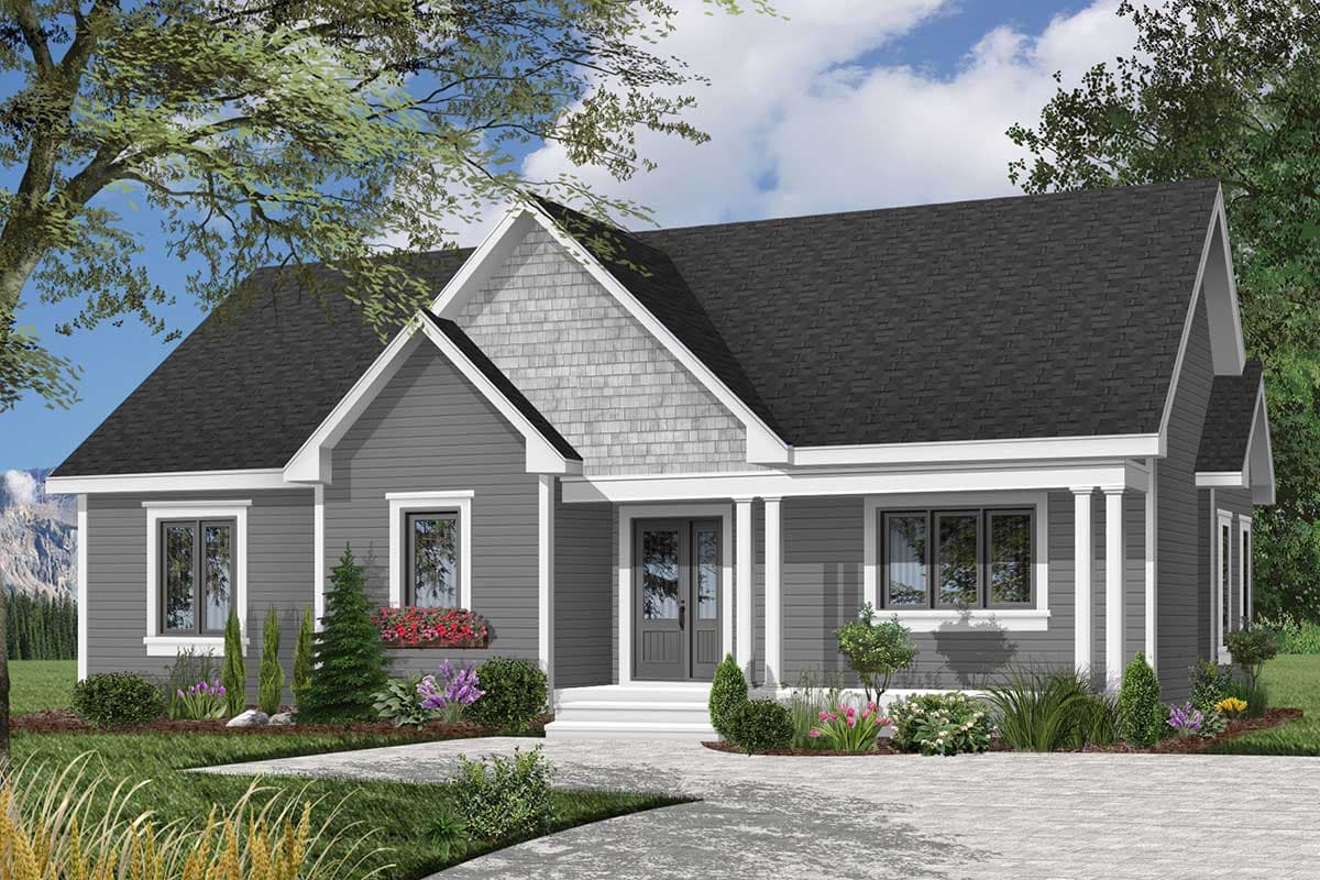 House plan exterior: One-story Modern Farmhouse with gable roof, prominent gable dormer, and covered entry with columns.