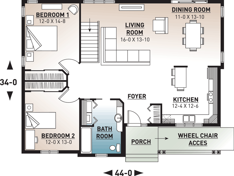 Plan 21274DR: 2-Bed House Plan with Open Concept - Floor Plan - Main Level - Contemporary, Cottage, New American, Traditional, Vacation