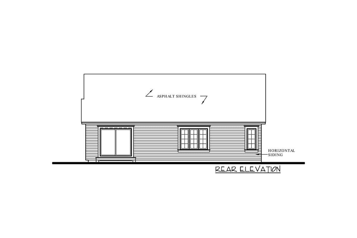 Rear elevation drawing for a house plan showing horizontal siding, asphalt shingles, and three windows.