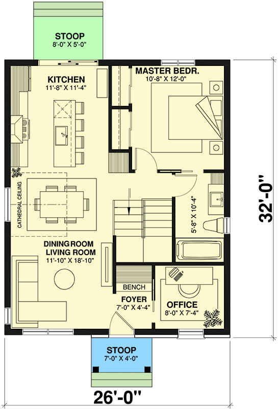 Plan 21278DR: One-Story 2-Bed 832 Square Foot Cottage Home Plan - Floor Plan - Main Level - Cottage, Traditional