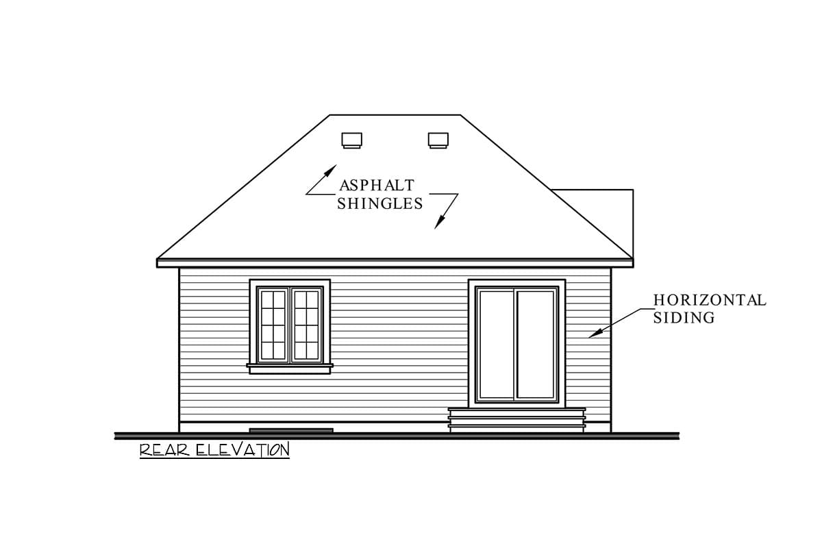 Rear elevation drawing of a house with asphalt shingles, horizontal siding, one window, and a sliding glass door.