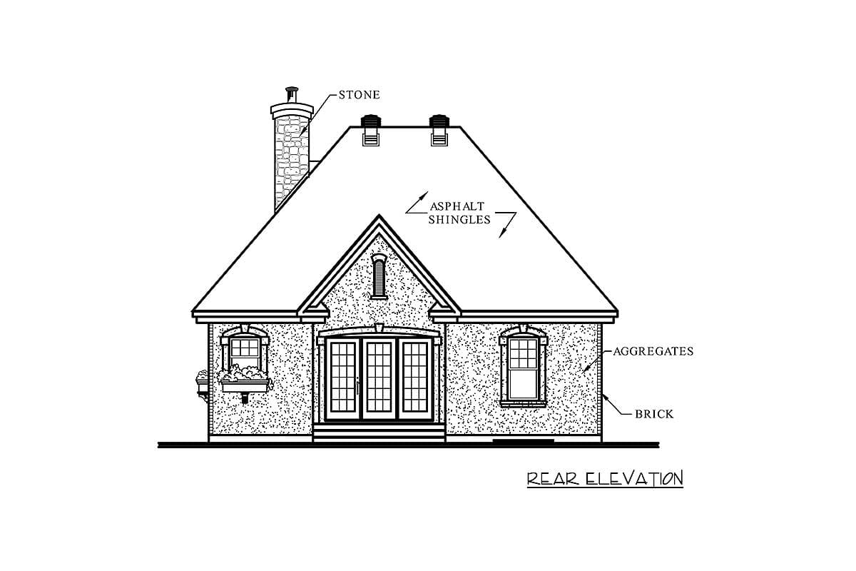 Rear elevation drawing of a house plan with a stone chimney, asphalt shingle roof, brick and aggregate exterior, and double French doors.
