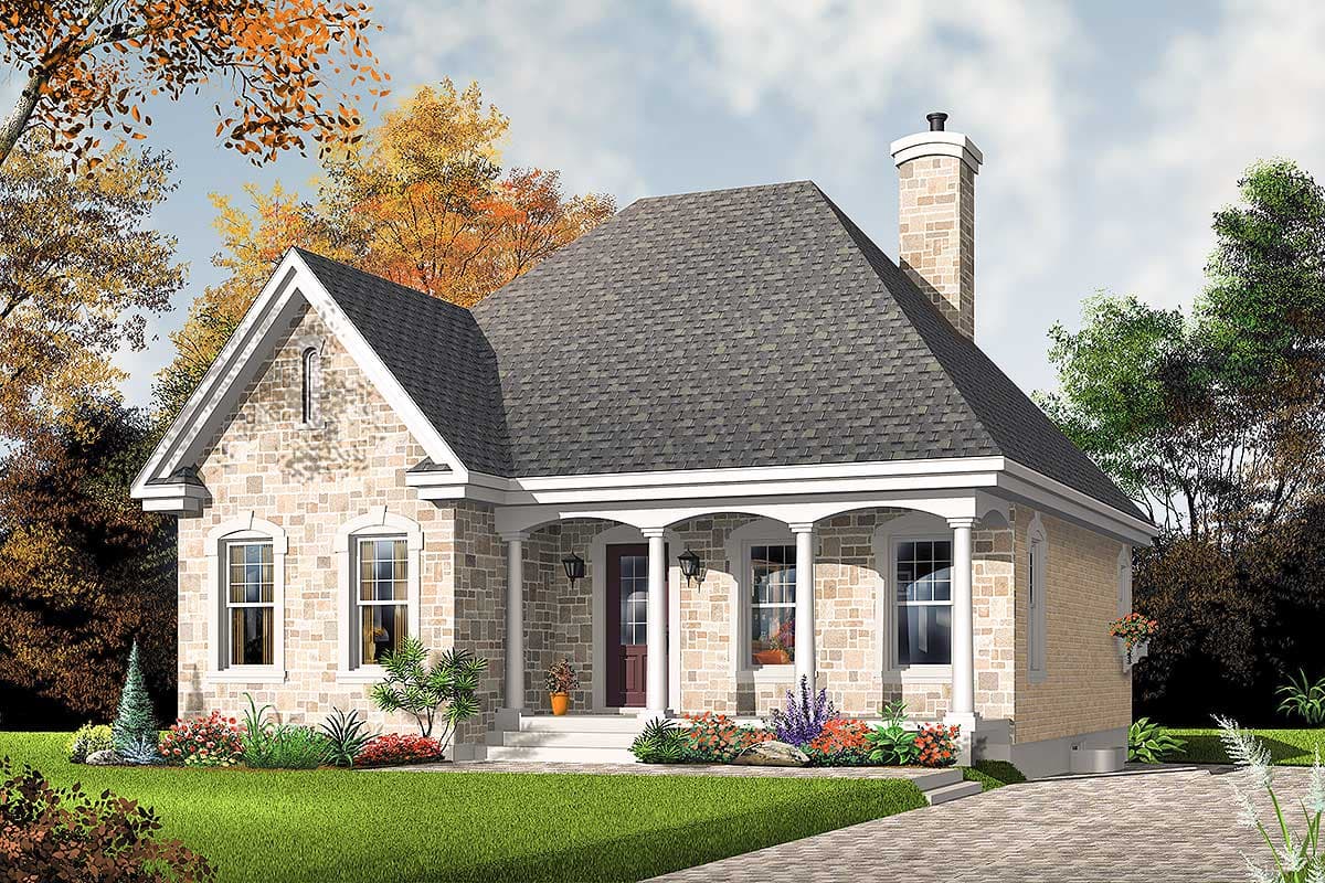 House plan exterior: Stone veneer, one-story home with arched windows, covered front porch with columns, and brick chimney.