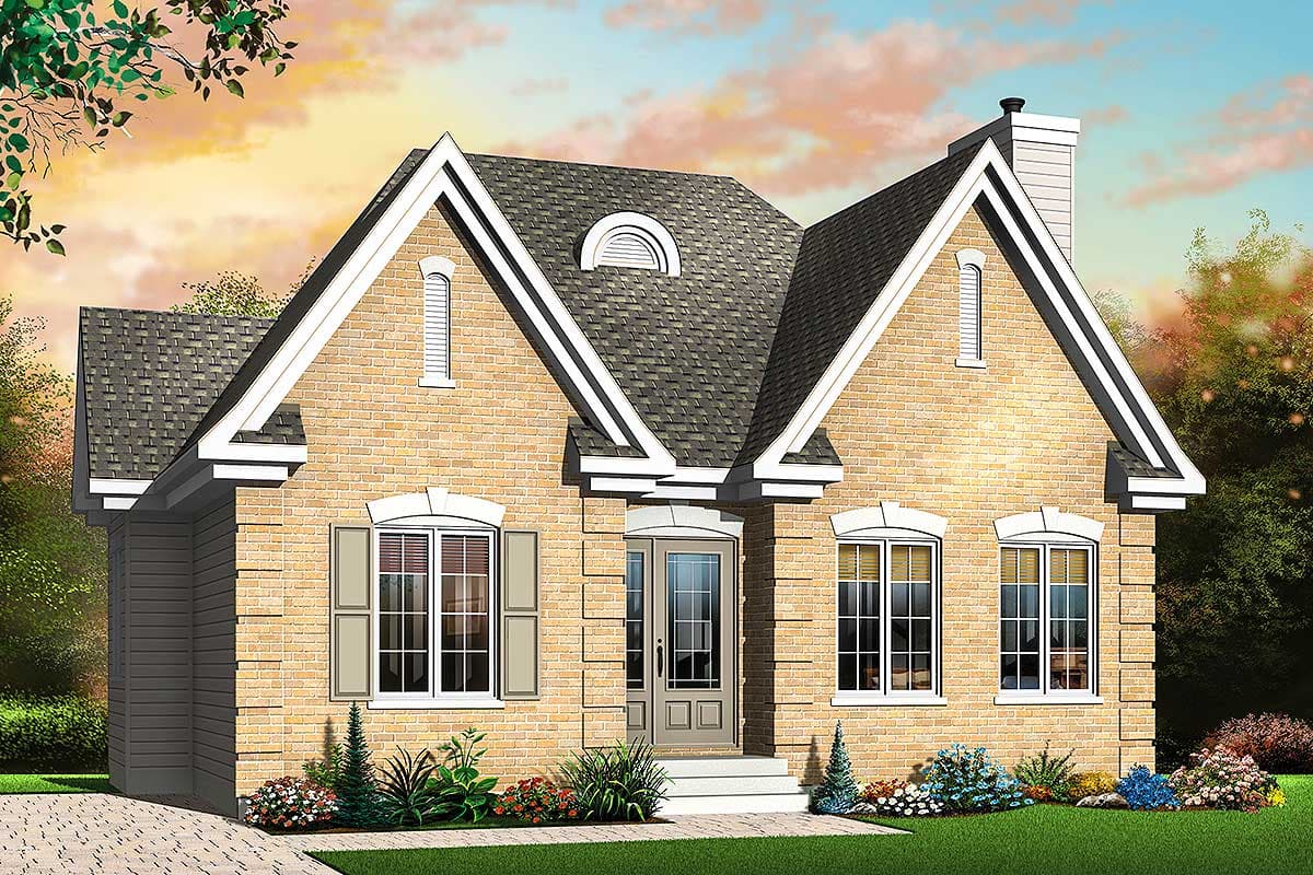 House plan exterior of a one-and-a-half-story home with brick facade, multiple gables, dormer, and symmetrical windows.