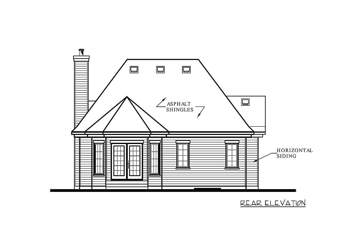 Rear elevation of a house plan showing horizontal siding, a large multi-pane double door, and a tall chimney.