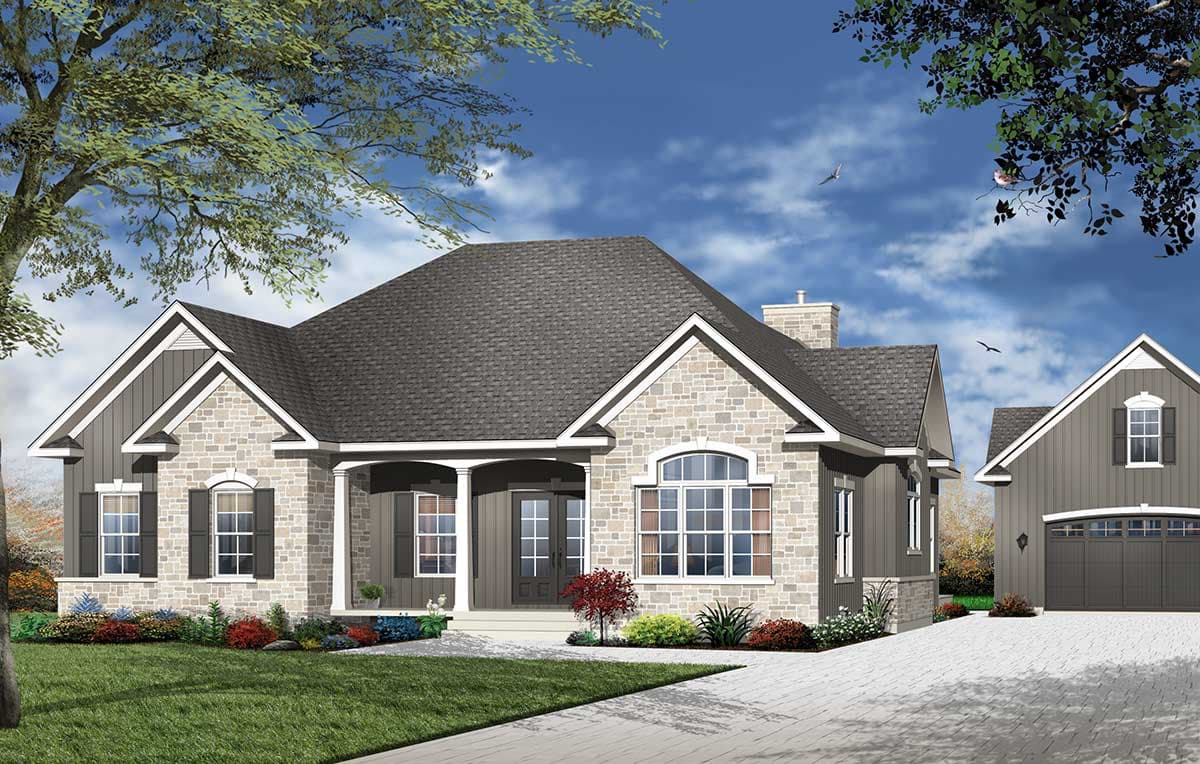 House plan exterior of a one-story home with stone and board-and-batten siding, a covered entry, and an attached garage.
