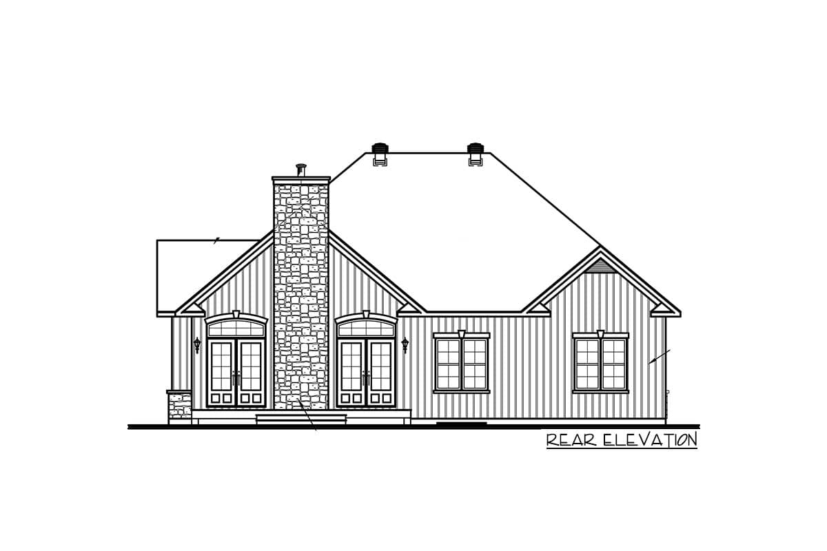 Rear elevation drawing of a house plan, featuring a prominent stone chimney, double doors, and several multi-pane windows.