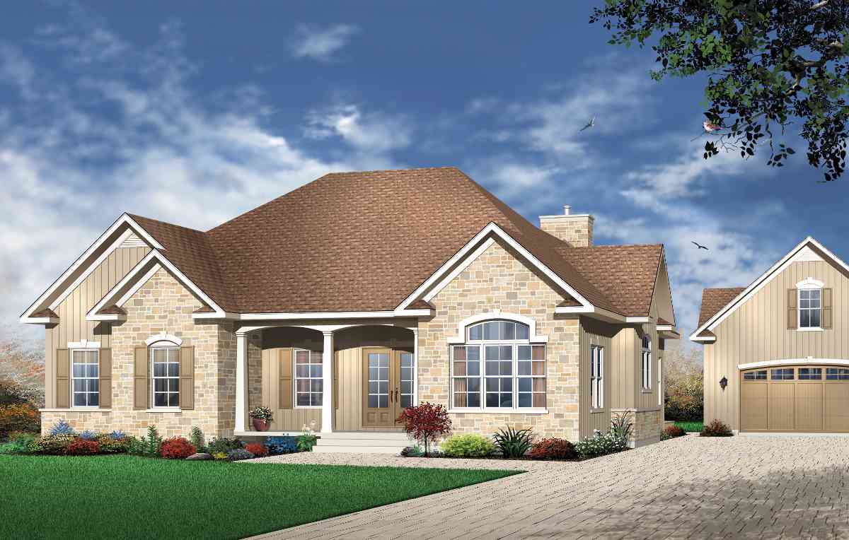 House plan exterior of a one-story home with stone accents, covered entry porch, arched window, and attached garage.