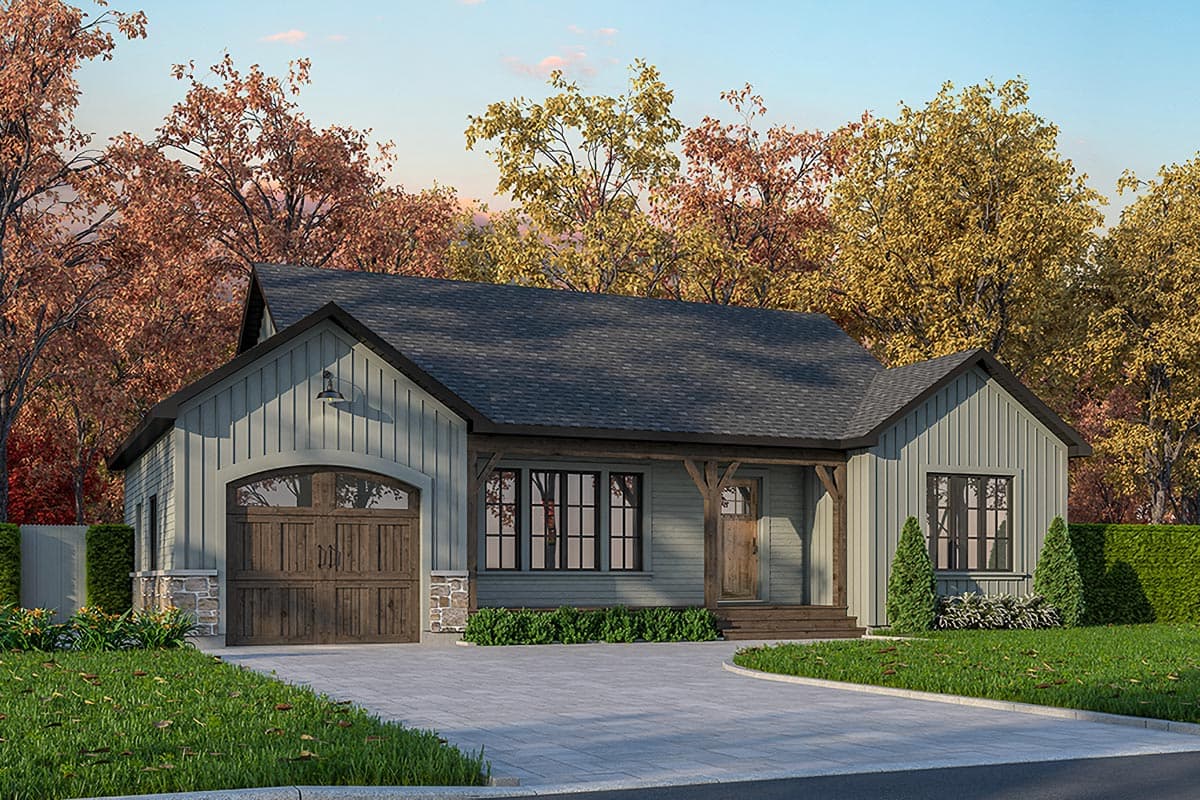 House plan exterior: Modern Farmhouse style, single-story, with a side-entry garage, covered porch with wood beams, and gabled roof.