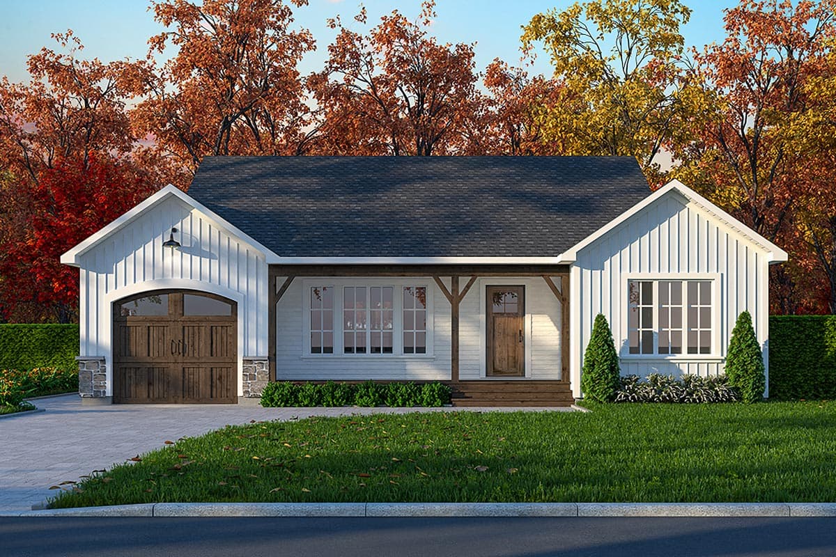 House plan exterior: Modern Farmhouse style, one-story, with board-and-batten siding, gabled roof, porch with timber supports, and arched garage door.