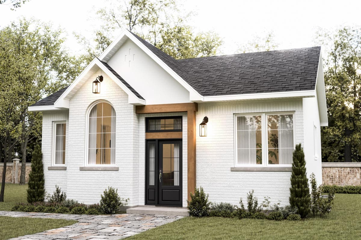 House plan exterior: One-story modern farmhouse with white brick, arched window, gabled roof, and wood-accented entry.