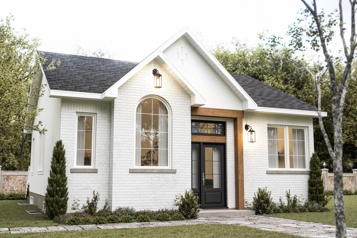 House plan exterior showing a Modern Farmhouse style, one-story residence with a gable roof, arched window, double front doors, and wood beam accents.