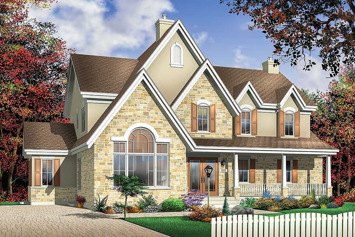 House plan exterior: Two-story home with stone facade, arched window, front porch, gables, and dormers.