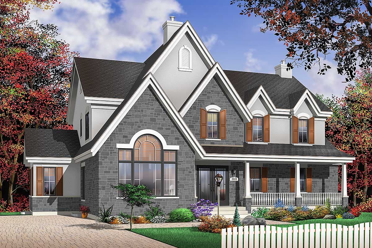 House plan exterior: Two-story home with stone veneer, multiple gables, arched window, and wraparound porch.