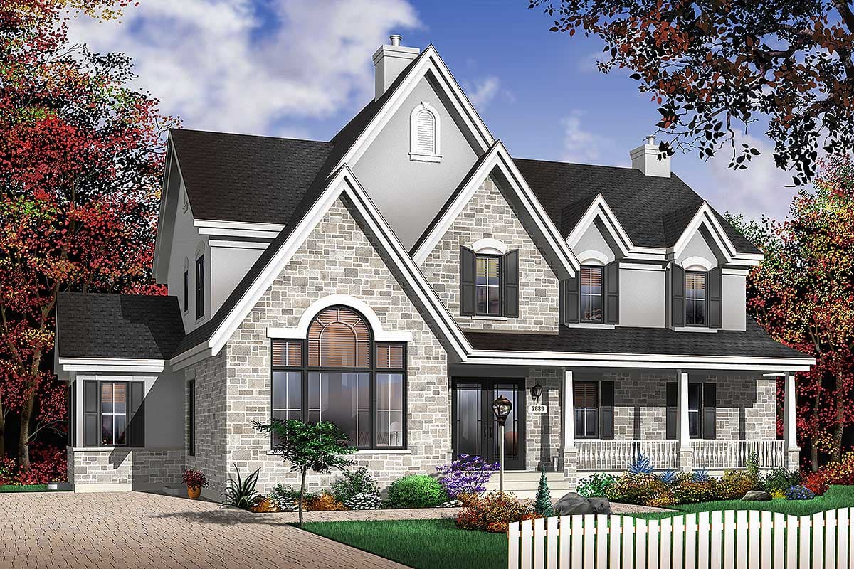 House plan exterior: Two-story dwelling with stone facade, multiple gables, arched windows, and wraparound porch.