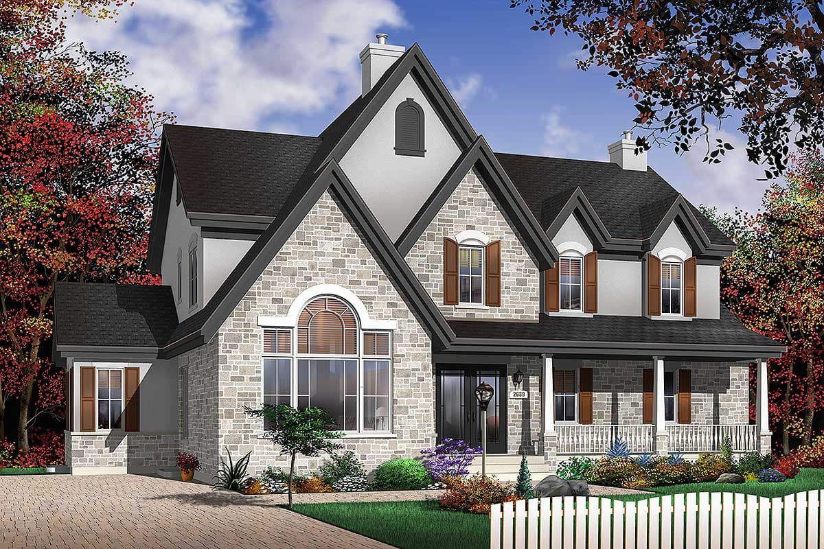 House plan exterior: Two-story home with stone facade, arched window, gabled dormers, and wrap-around porch.