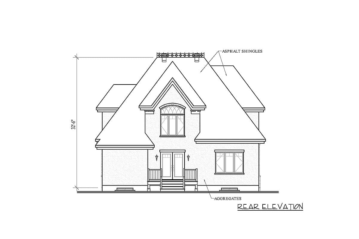 Rear elevation drawing of a two-story house plan with asphalt shingles, dormer, double doors, and a porch.