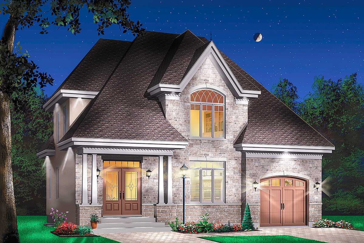 House plan exterior: Two-story home with a prominent gable, arched window, covered entry with double doors, and a side-facing garage.