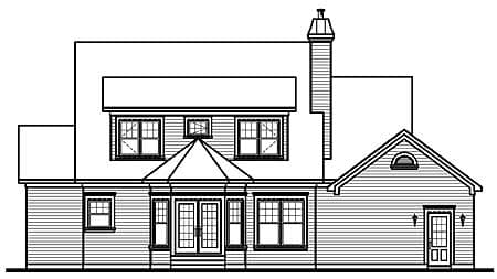 House plan exterior drawing featuring a chimney, multiple gables, dormer windows, and a side entrance with a shed roof.