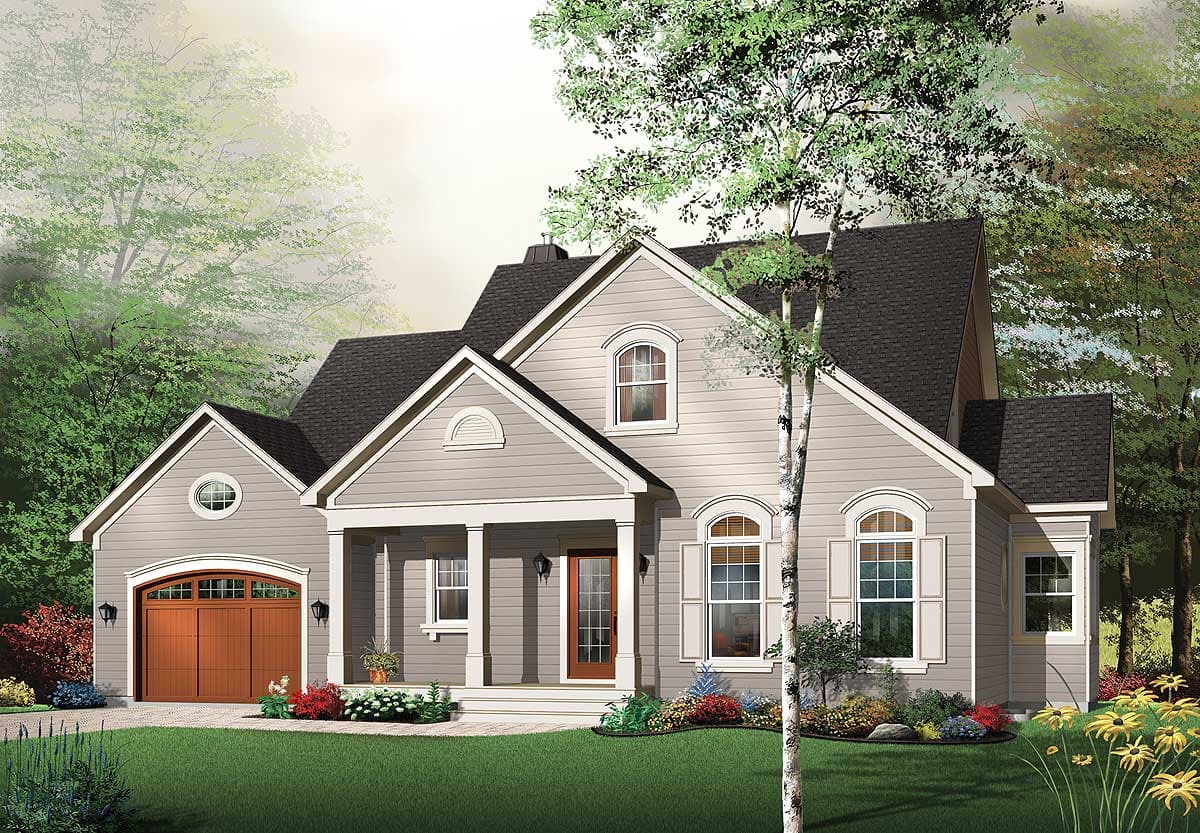 House plan exterior: Two-story home with covered porch, prominent gables, dormer window, and side-facing garage.