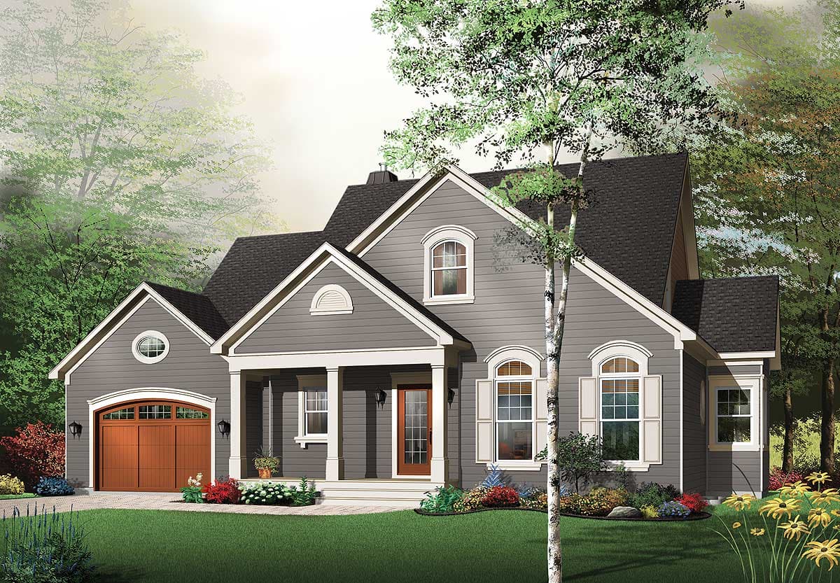 Modern Farmhouse house plan exterior with a prominent gable, covered porch with columns, arched dormer windows, and a side-entry garage.