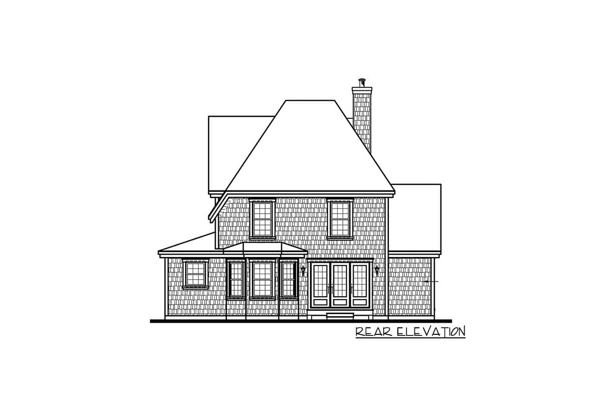 Rear elevation drawing of a two-story house plan with shingle siding, dormers, a prominent gable roof, and double French doors.