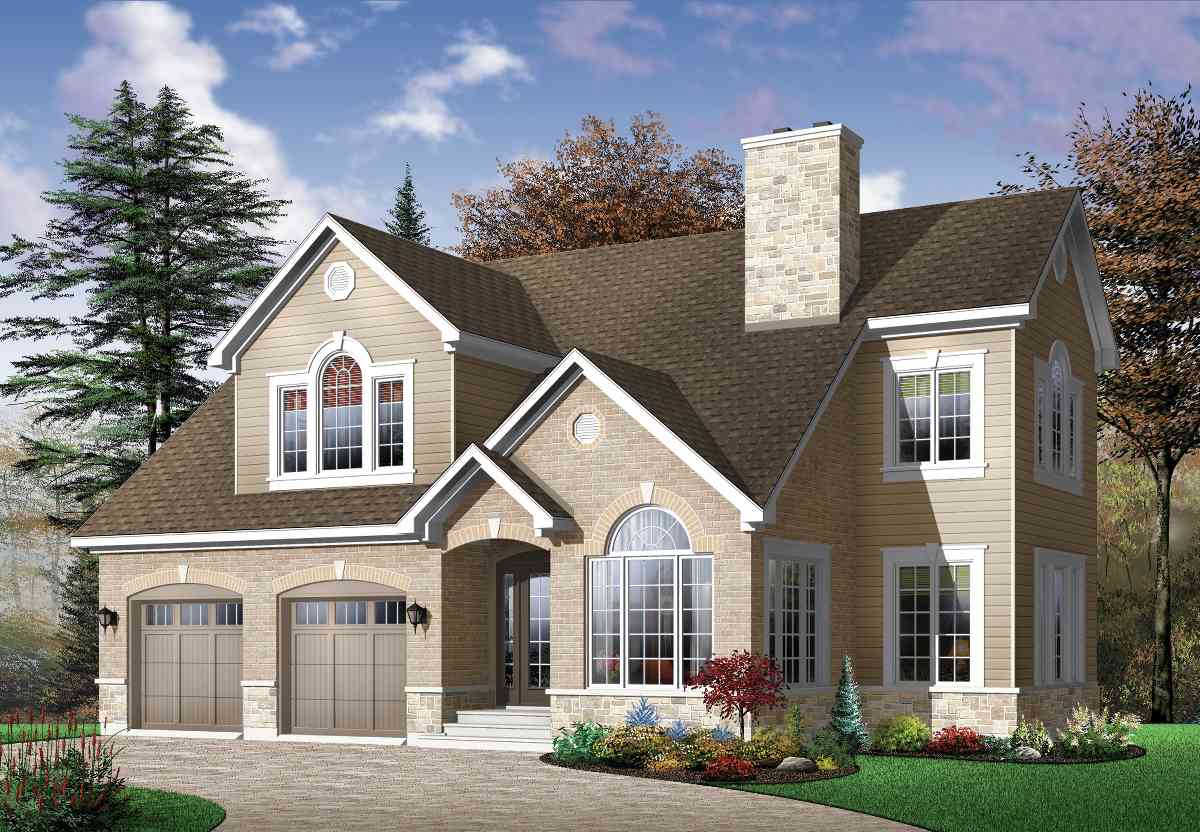 House plan exterior: Two-story home with a side-entry garage, arched entry, and stone chimney.