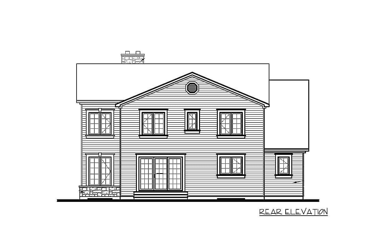 Rear elevation drawing of a two-story house with gabled roof, chimney, double doors, and multiple windows.