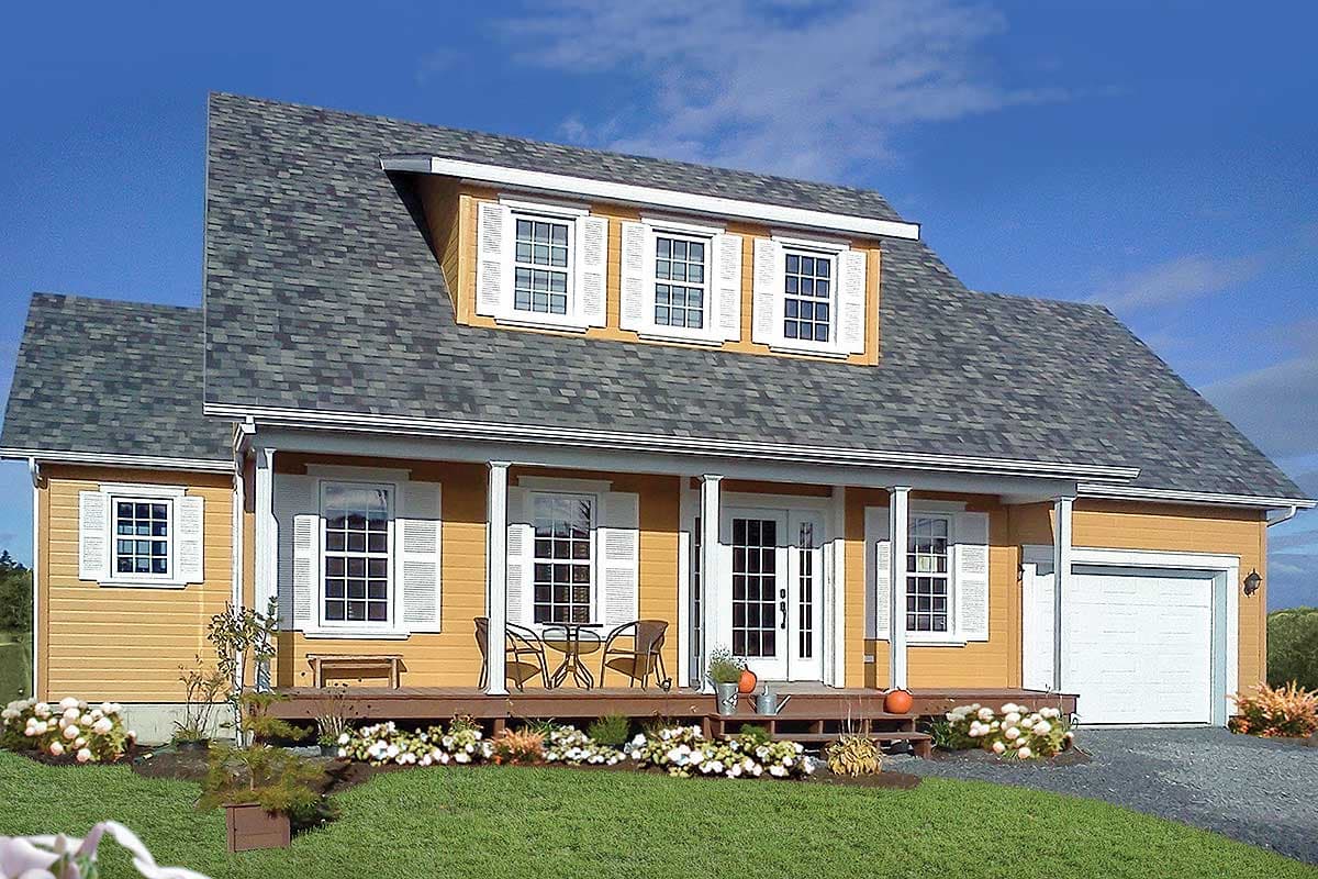 House plan exterior: Gable roof, dormer with three windows, covered porch with columns, and attached garage.
