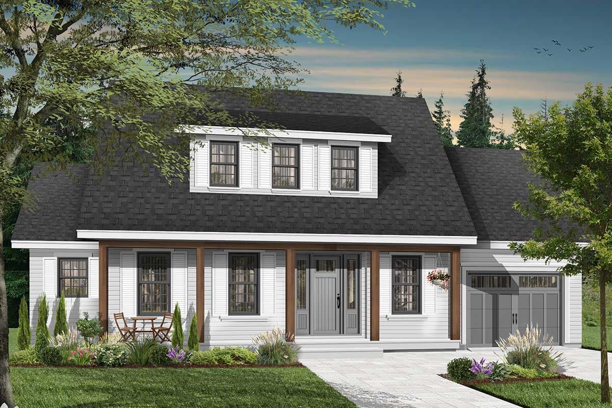 House plan exterior: One-and-a-half story home with a prominent dormer, covered entry porch supported by wood columns, and a two-car garage.