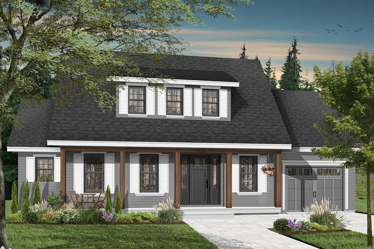House plan exterior: Two-story Modern Farmhouse with dormer windows, covered porch, and attached garage.