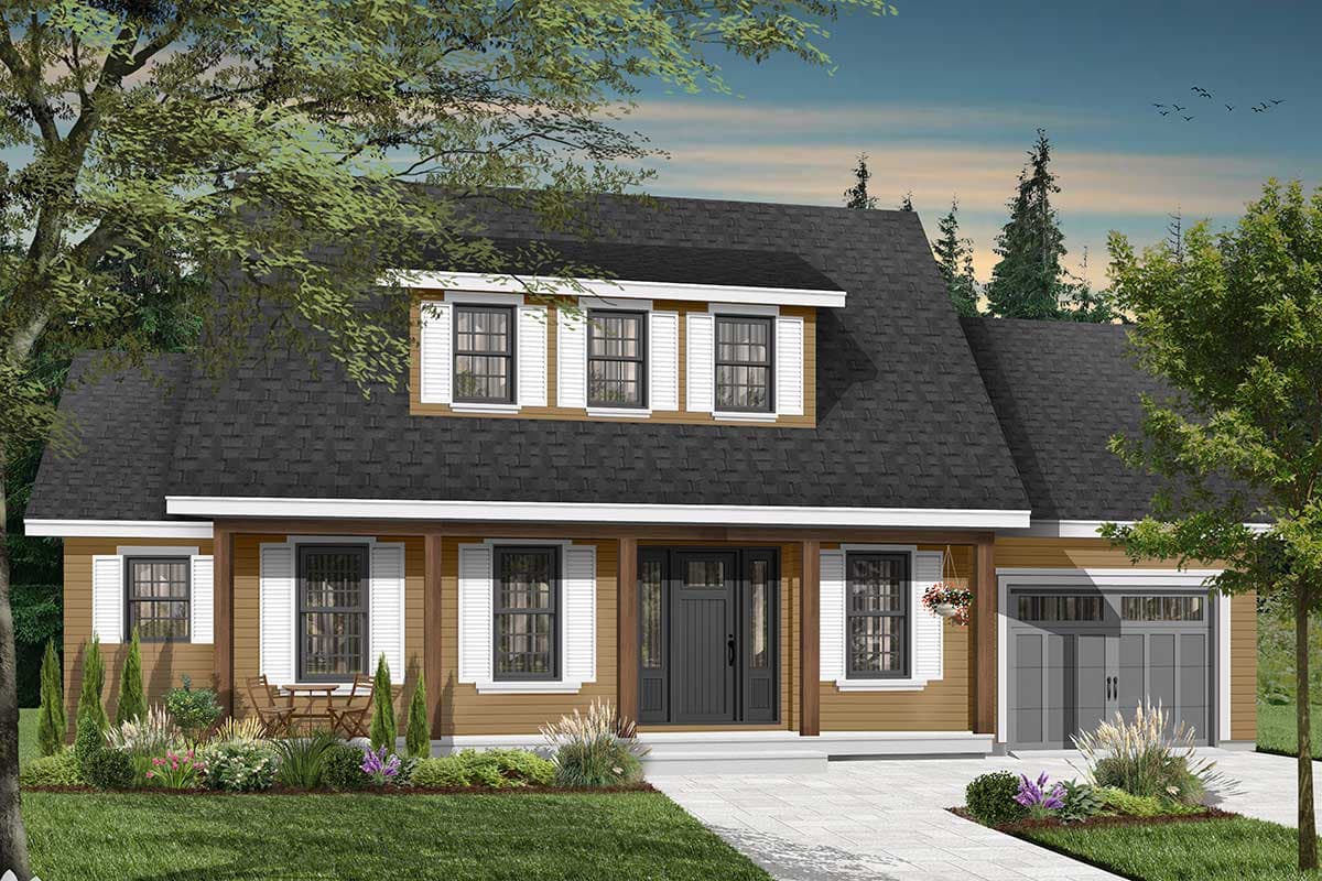 House plan exterior: Craftsman style, one and a half stories, with a covered front porch, dormer, and attached two-car garage.